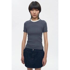 KOTN Blue White Stretch Cotton Fitted Ribbed Crew Neck Ringer T-Shirt, Size M